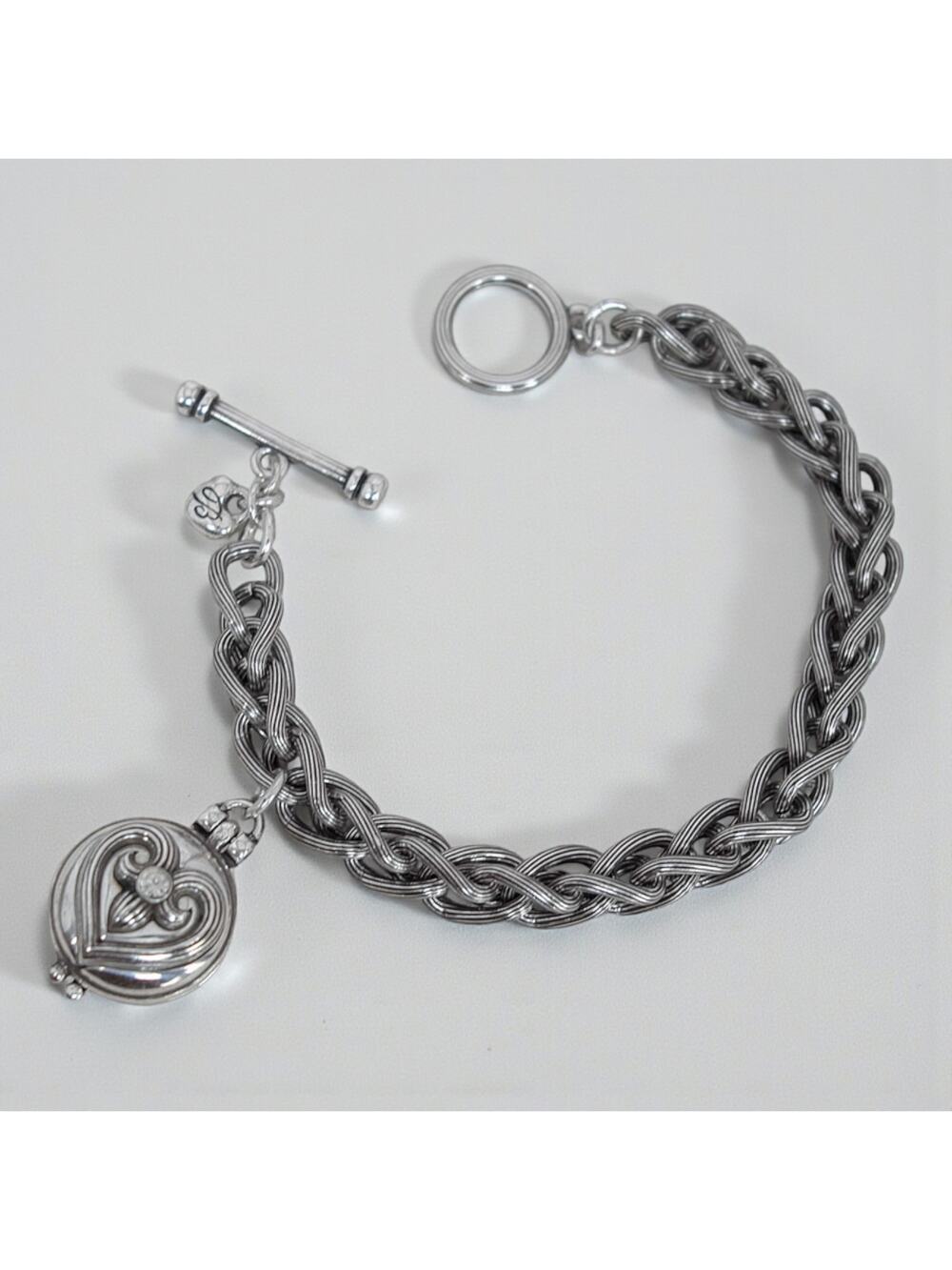 Brighton Healing Heart Silver Locket Bracelet Toggle Clasp Clear Crystal Retired